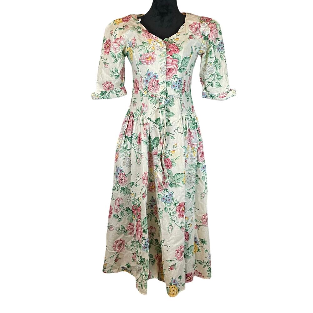 Betsy's Things Vintage 80s Farmhouse Floral Midi Dress Pink Green 4 Women USA
